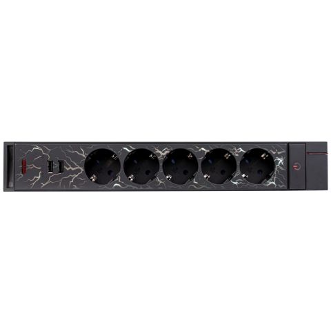 Asztali elosztó "GAMER" 5-ös, 3x1.5, 1.4m 2xUSB fekete, színes háttérvilágítással,0012528512 