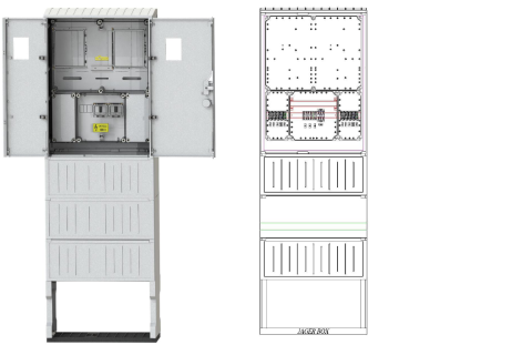 PVT-K-L Fm-53 egy felhasználói helyes M63.80A mérés földkábeles, szabadon álló  kivitelben, fogyasztói főelosztóval, 530mm széles szekrényben PVT-K-L Fm-53
