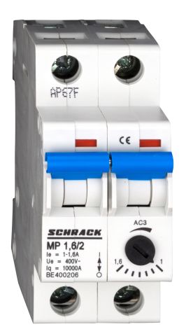 Motorvédőkapcsoló,MP 1,0-1,6A, 2 pólusú, 2modul széles, 10kA megsz.kép. Schrack
