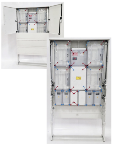 HCS441+MFE-CS1 Csoportos mérőhely , Négy, vagy három, vagy két  fogyasztó       részére, mindennapszaki, vagy mindennapszaki és H-tarifás  mérésre, földkábeles csatlakozásra,  fogyasztói főelosztóval, leásható szekrényben