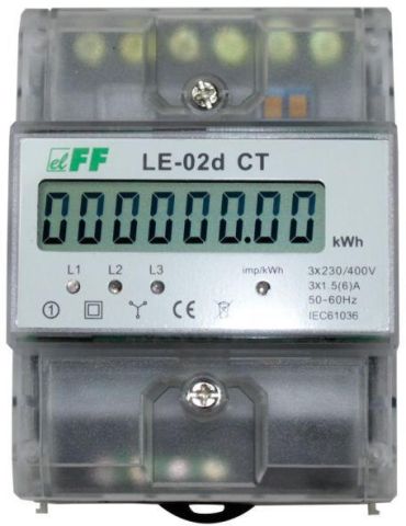 LE-02D CT fogyasztásmérő DIN sínre, 3 fázisú áramváltós, x/5, áttétel: 5-6000,  LCD kijelző, F&F gyártmány